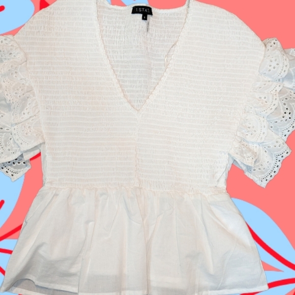 1.STATE Smocked Flutter Sleeve Peplum Cotton Voile Top in Ultra White.Size Small - Picture 5 of 6